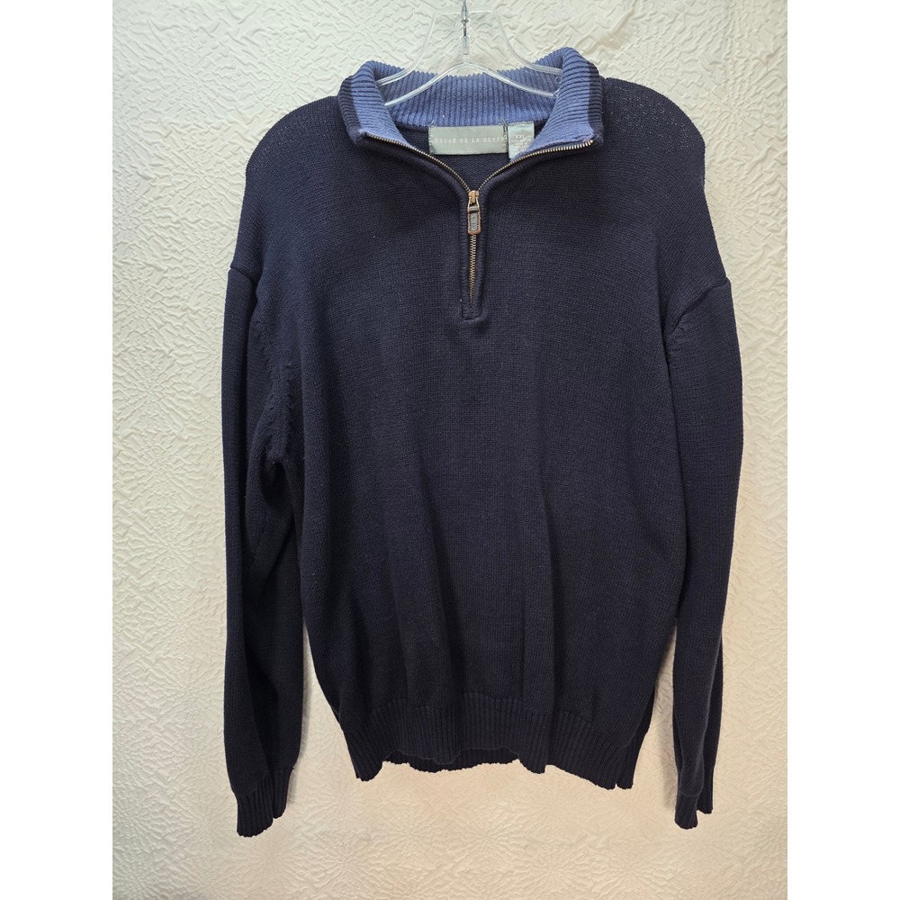 Oscar de la Renta Quarter Zip Sweater Mens XXL Navy Blue Good 100% Cotton Knit